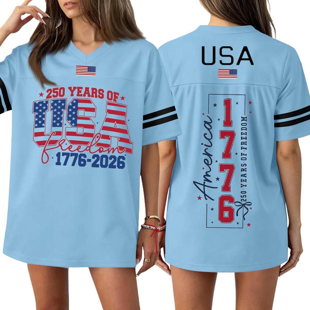 Женская повседневная модная спортивная футболка с V-образным вырезом, принтом ко Дню независимости, коротким рукавом, топ