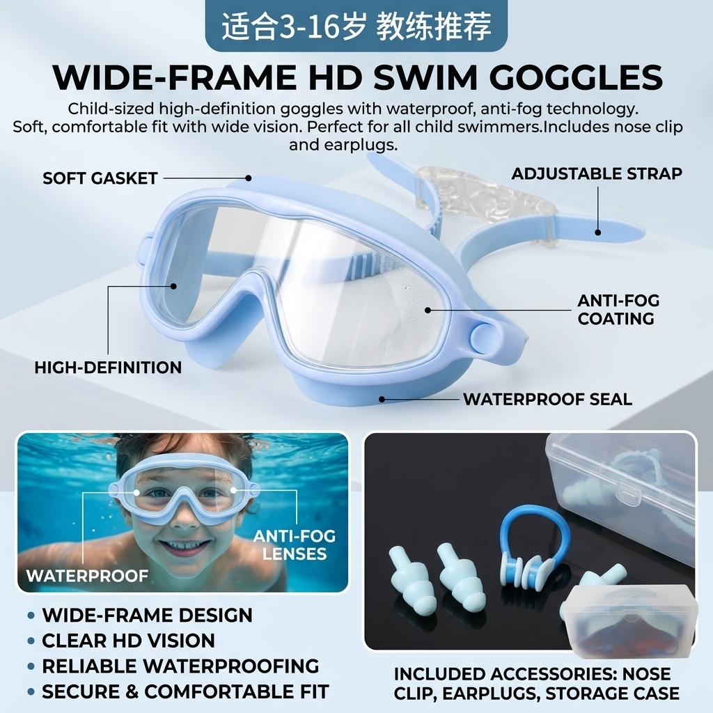 Kids HD Swimming Goggles Anti-Fog Waterproof Large Frame Design For Boys And Girls Swimming Accessories