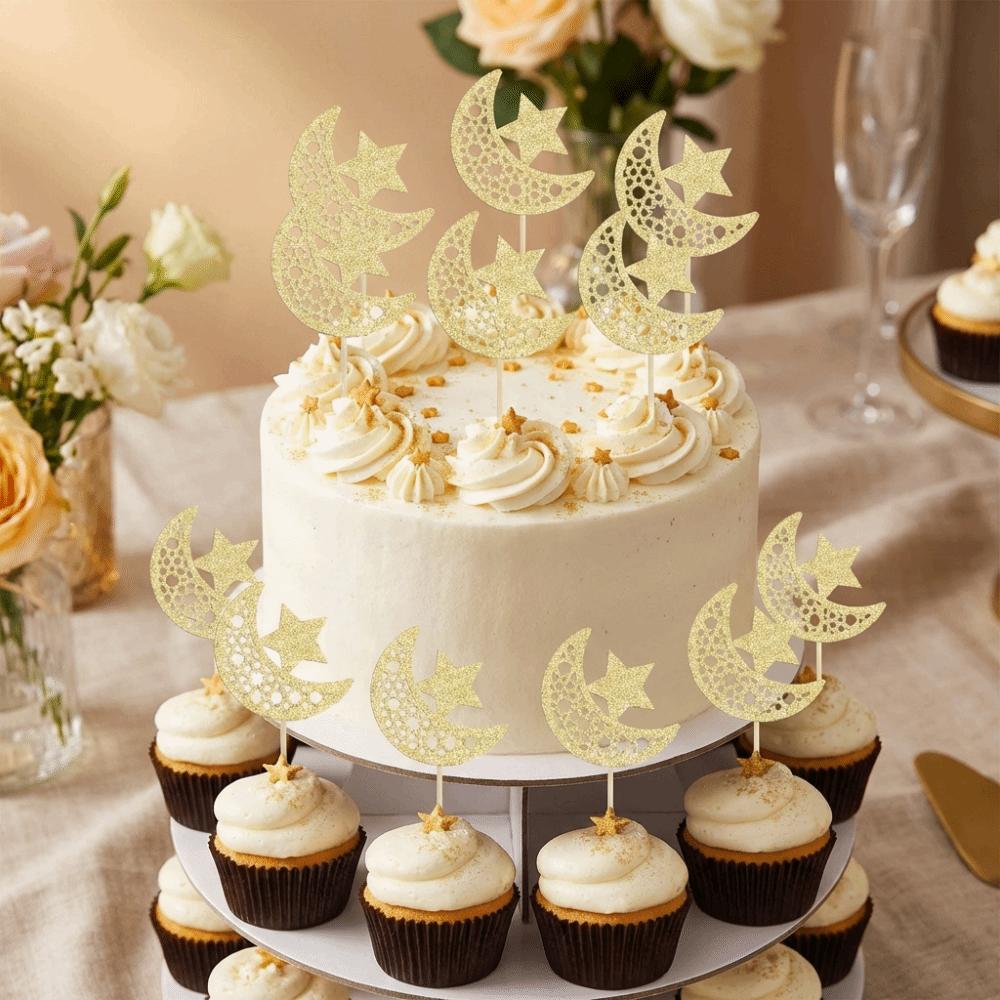 24PCS Decorative Cake Decorative Toppers Glitter Gold Ramadan Mubarak Cupcake Topper Eid Mubarak Cake Decor Cake Decorating