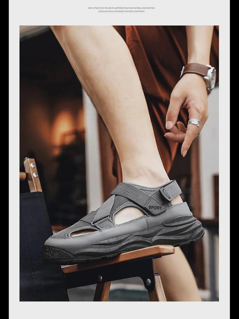 Мужские дышащие летние модные сандалии с ремешками на липучках - повседневные пляжные тапочки