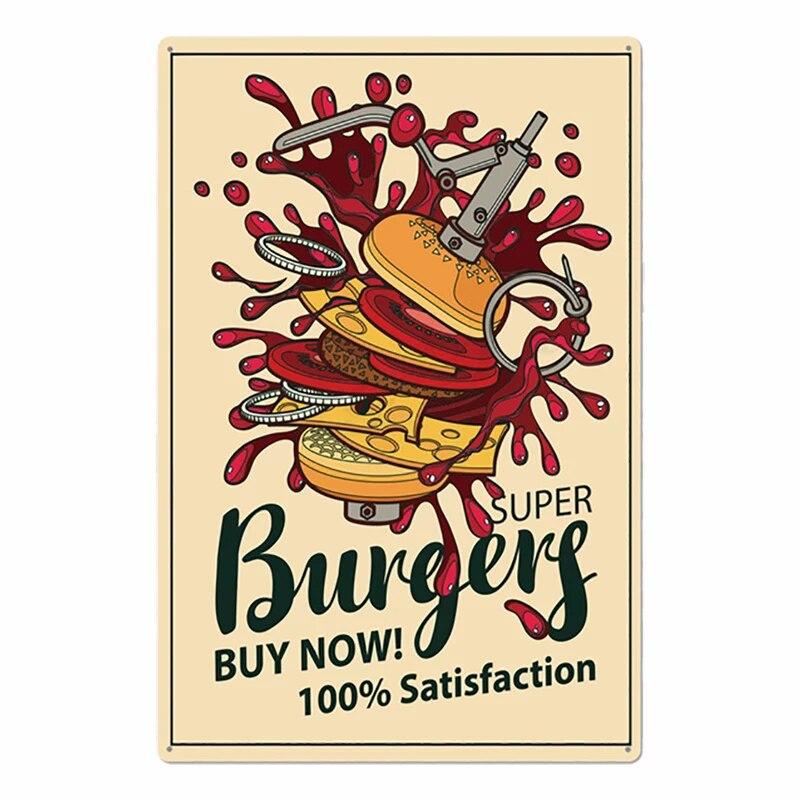 Hamburger Metal Tin Sign Plaque Vintage Burgers and Fries Metal Plate Poster Kitchen Restaurant Shop Wall Decor