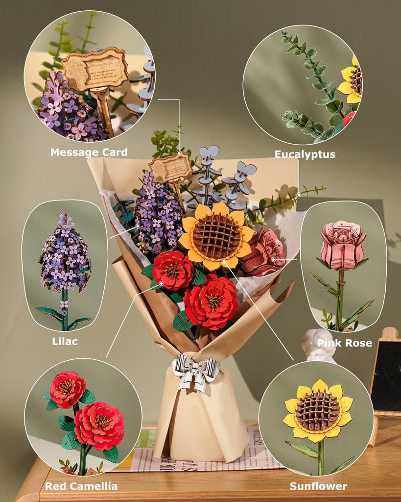ROBOTIME Rowood DIY Wooden Flower Bouquet 3D Wooden Puzzle TW01H