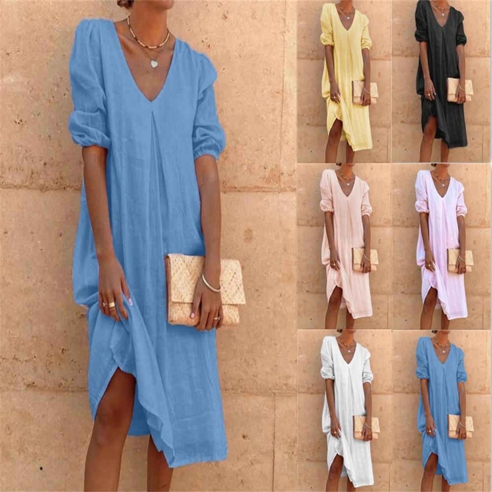 Dress for Women Cotton Linen Solid Long Sleeve Long Dresses Casual Loose Summer Midi Dress