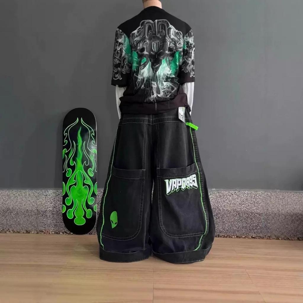 ZYLLO Мода Мужчины Женщины Тренд Хип-Хоп Большой Карман Широкие Джинсы Винтаж Выстиранные Уличные Мешковатые Джинсы Черные Лоскутные Брюки