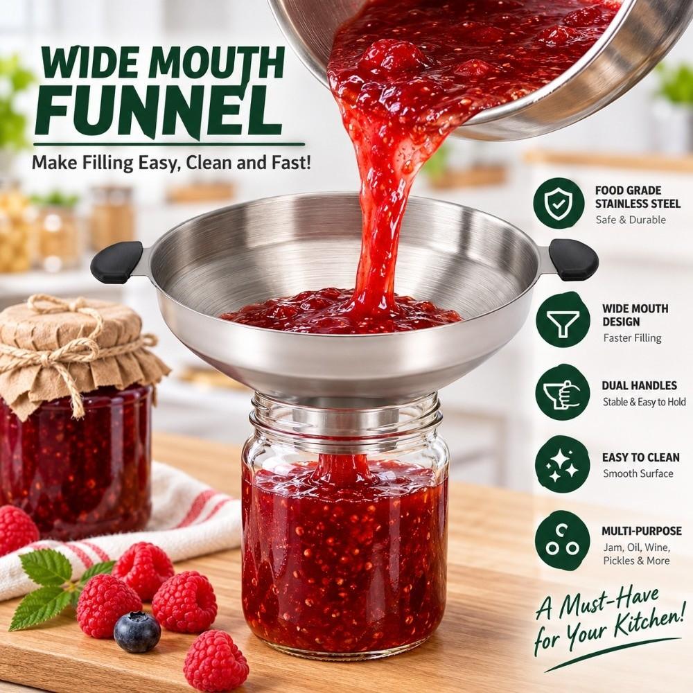 Stainless Steel Wide Mouth Funnel Dual Handles Kitchen Funnel Durable Canning Funnel Kitchen
