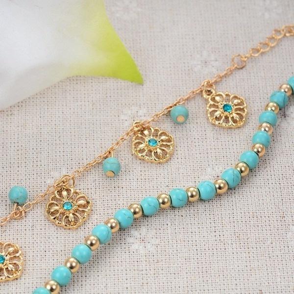 2 шт./набор новых богемских бирюзовых камней с бусинами из синего кирпича, полые цветочные пластины, браслет на лодыжку, пляжные украшения для ног ADM