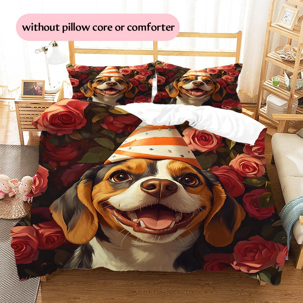 Dog with Birthday Hat Pattern Bedding Quilt Set  Home Decoration  Gift (1 * duvet cover + 2 * pillowcase  without core)