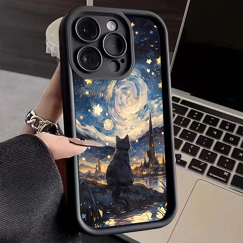 Starry Night Black Cat Moon Wave Silhouette Art Phone Case for iPhone 17 16 15 14 13 12 11 Series Pro Max Plus