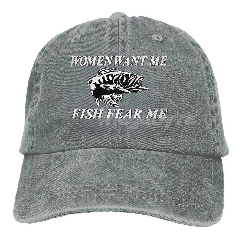 Women Want Me Fish Fear Me Washed Baseball Cap Trucker Hat Adult Dad Hat Summer Breathable Stretch Hats