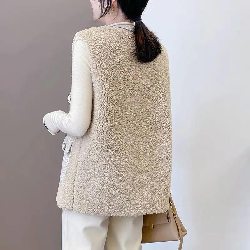 Temperament Lady Style Lamb Plush Vest Autumn and Winter New Tweed Stitching Vest Waistcoat Jacket Women