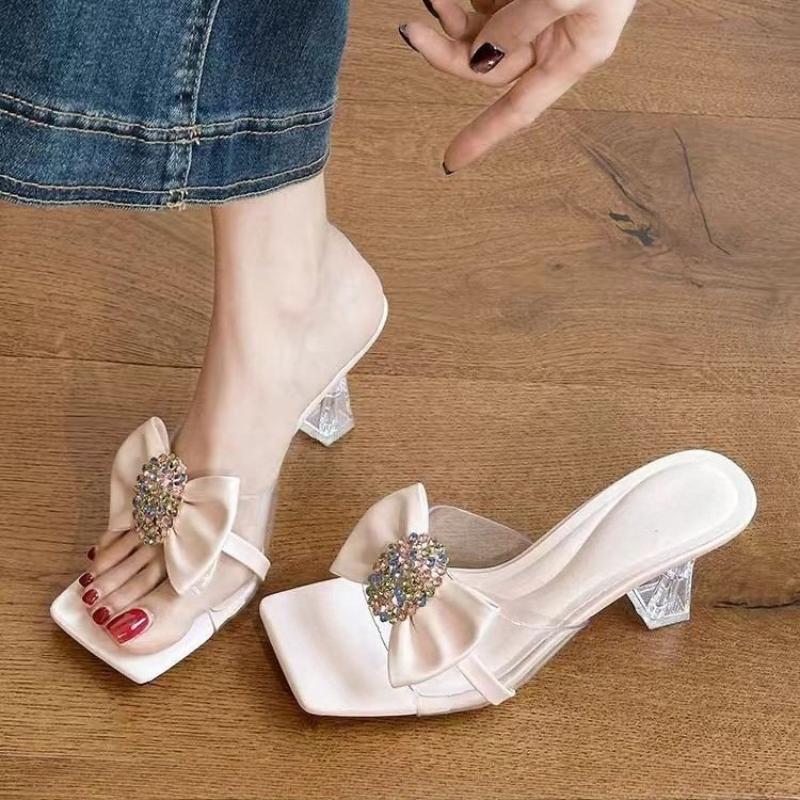 Новые женские сандалии с цветком из водных бриллиантов 2025 года на прозрачной толстой подошве, туфли-мюли на высоком каблуке для вечеринок и платьев