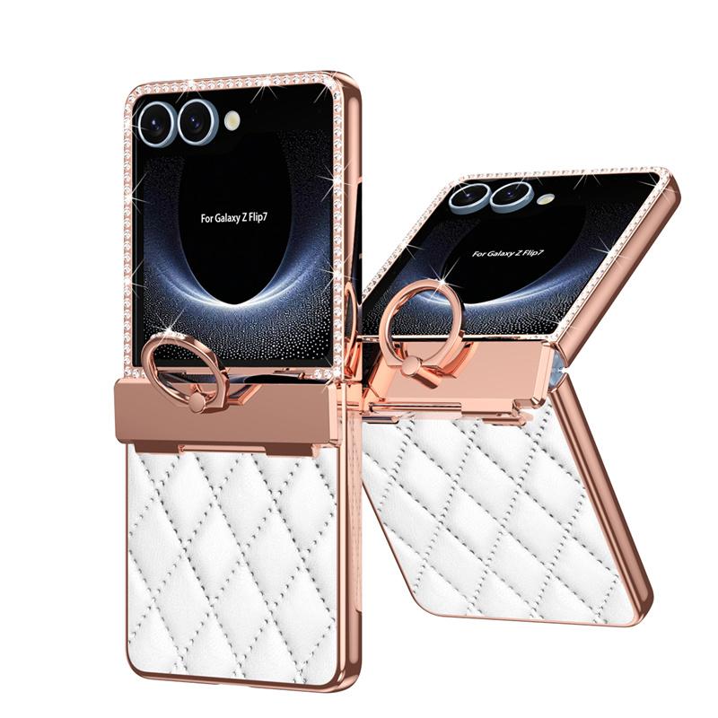 Для Samsung Galaxy Z Flip7 5G Чехол для телефона из ПУ кожи с покрытием, блестками, стразами, кольцом-держателем, защита шарнира, защитная пленка для экрана, противоударный чехол