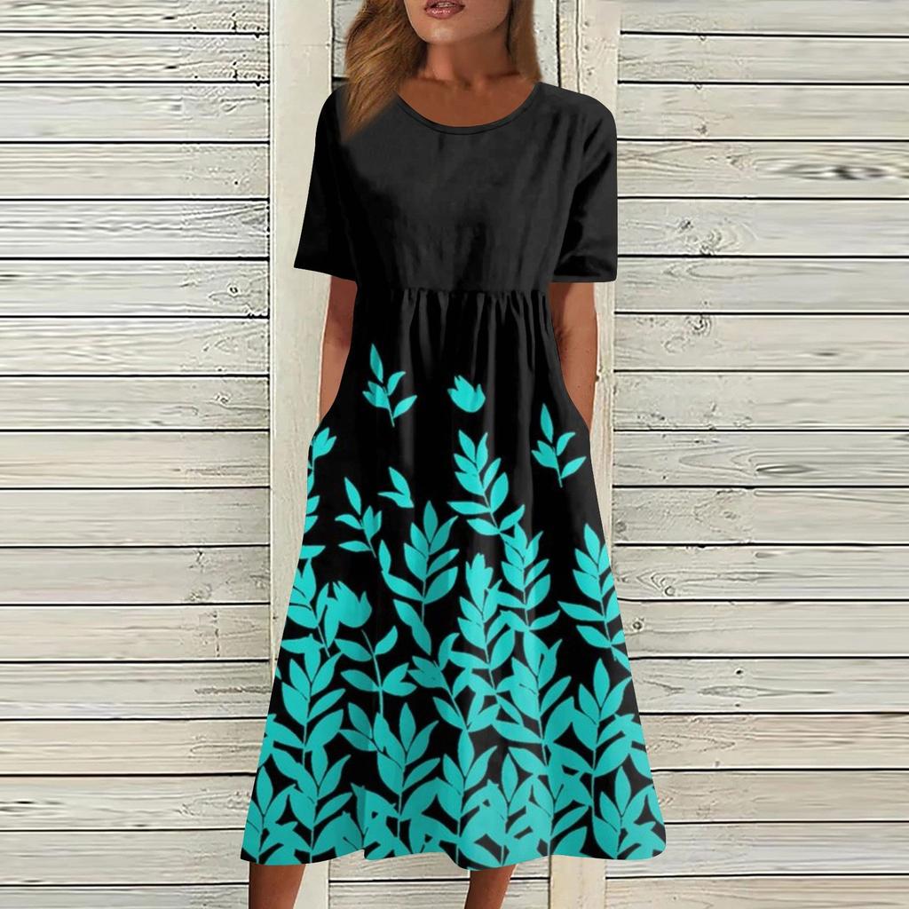 Женское струящееся платье миди в стиле бохо с цветочным принтом, повседневное свободное летнее платье с коротким рукавом для пляжного отдыха и карманами