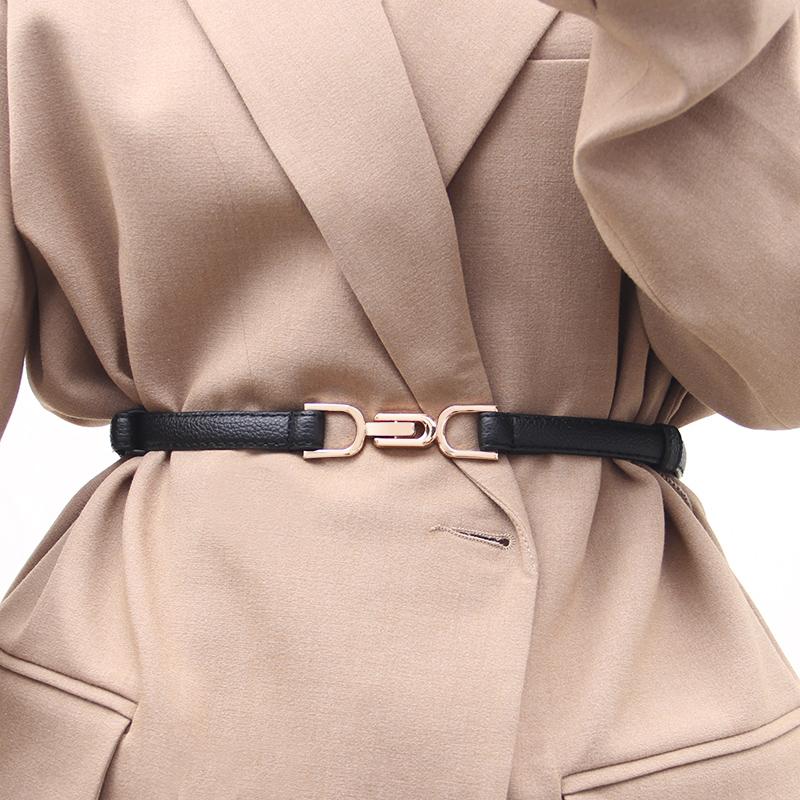 Retro Thin Adjustable Women PU Leather Belt Wild Black Ladies Female Skinny Dress Waist Belts Straps Gold Metal Buckle Wasitband