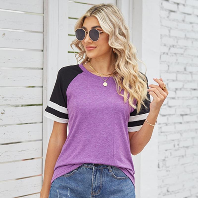 Женская весенне-летняя свободная полосатая футболка с круглым вырезом и короткими рукавами