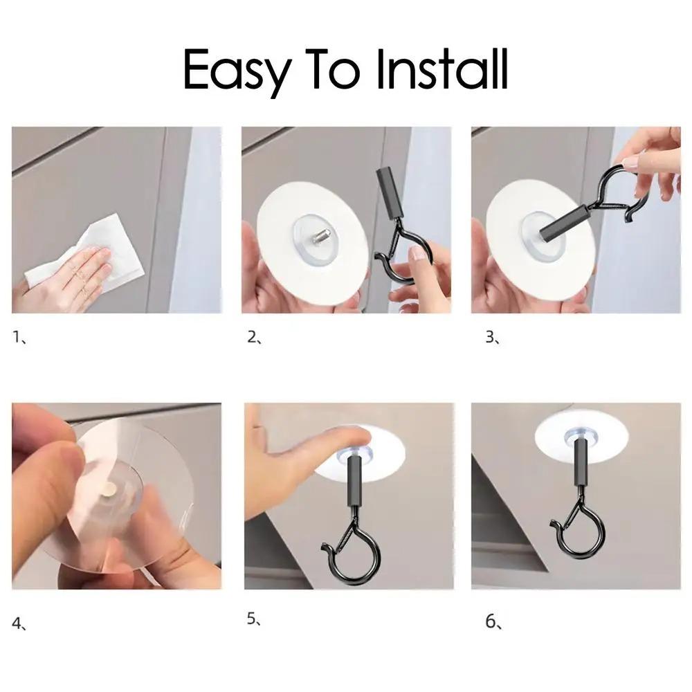 2pcs Self Adhesive Ceiling Hooks No-Drill Sticky Eye Hooks Multifunctional Wall Hooks LED Light