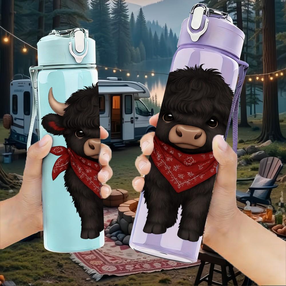 1PC Bull Cowboy Western Animal Pattern 750ml Color Plastic Sports Water Bottle Leakproof Flip Straw Lid Suitable for Sports Office Home Use