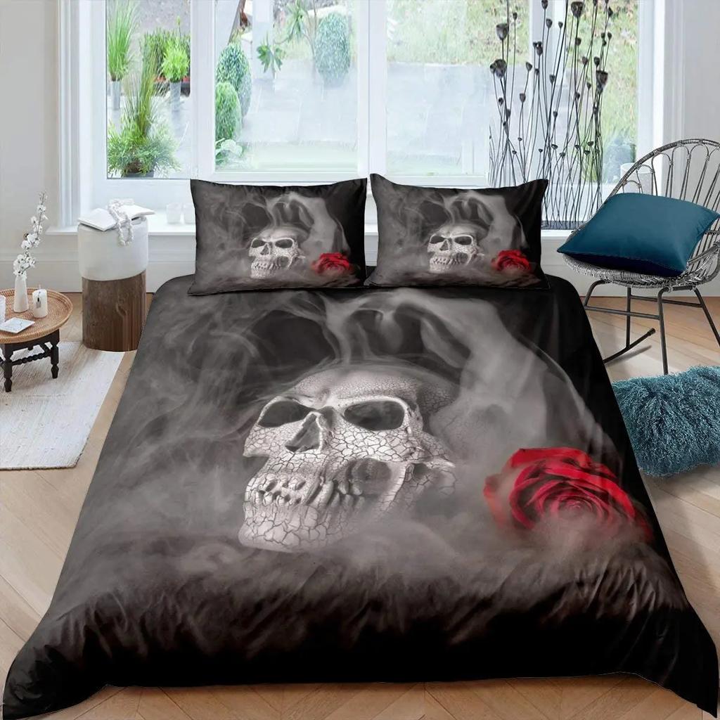 Sugar Skull Bedding Comforter Cover Set Gothic Duvet Cover Twin/Full/Queen/King Set 3 Pieces Soft Microfiber Duvet Cover
