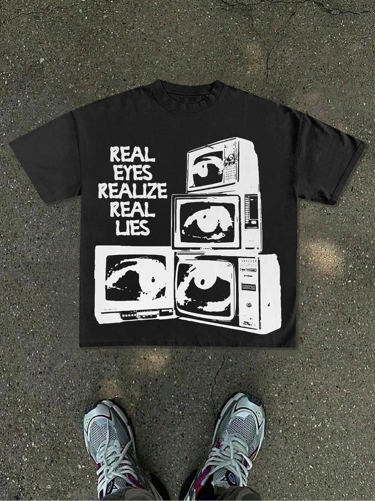 Men'S New T-Shirt, Y2K Fashion Print, Loose White Base, Black-And-White Retro TV Stack Print with Ey