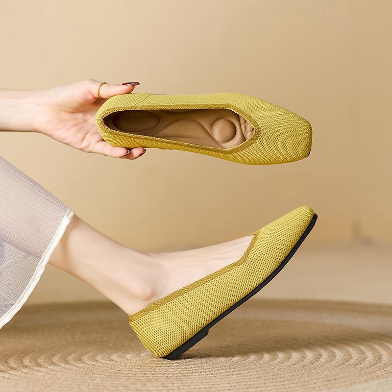 Women's Casual Flats Comfortable Walking Flat Shoes Square Toe Ballet Flats Non-Slip Knitted Work Loafers Shoes Lightweight Dress Shoes for Women
