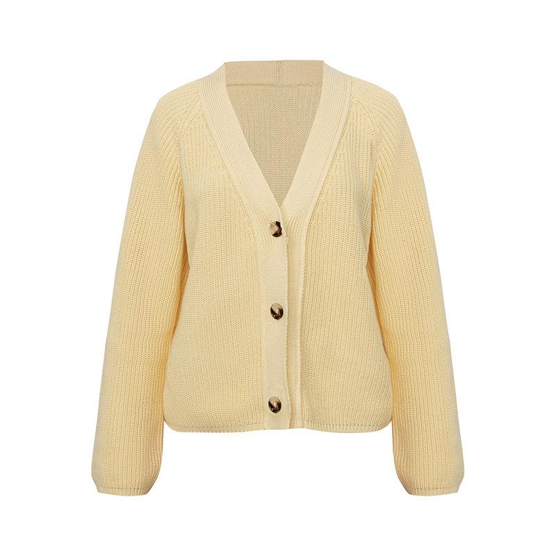 Women V Neck Short Sweater Cardigan Autumn Winter Temperament Bat Sleeve Button Solid Knit Tops