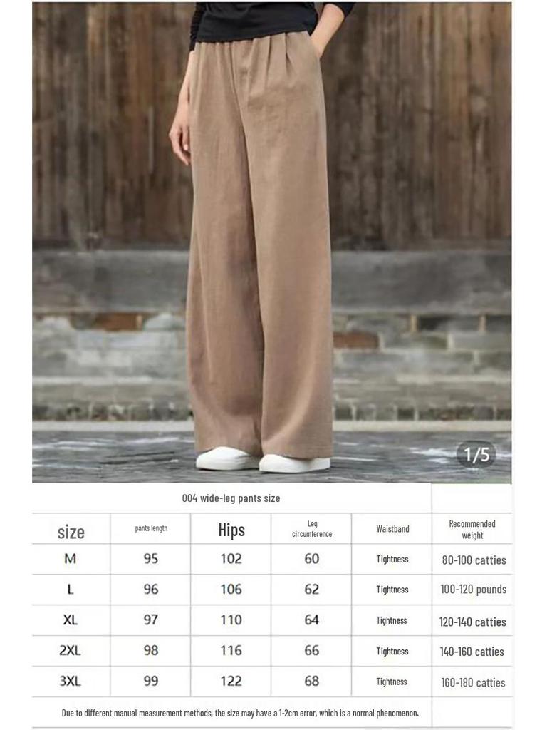Хлопково-льняные брюки широкого кроя в гонконгском стиле: Трендовая, Удобная, Омолаживающая, Женская мода Весна-Лето больших размеров