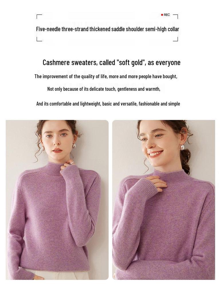 Женский кашемировый зимний свитер - Полувысокая горловина, Толстая вязка, Рукав реглан, Пуловер свободного кроя.