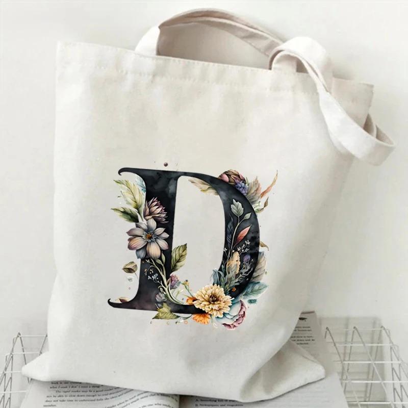 26 Letters Flower Tote Bag For Women Eco Reusable Shoulder Bagslarge Capacity Canvas Casual Harajuku Shopping Shopper Handbag