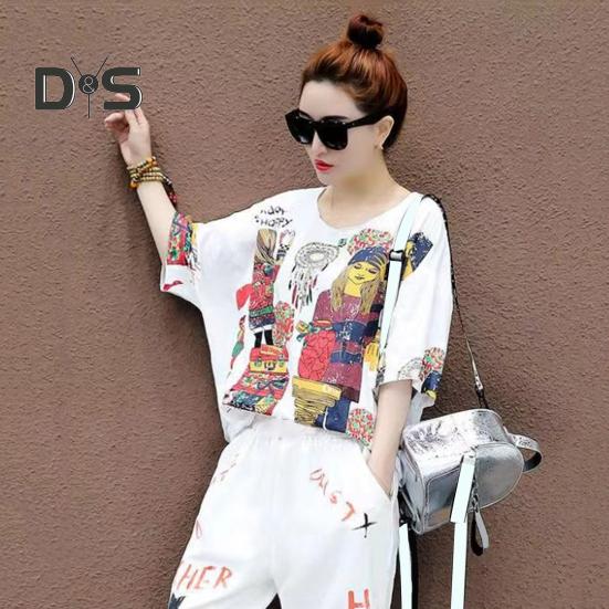 Женская футболка, комплект из 2 шт./компл., комплект брюк в стиле хип-хоп с принтом и V-образным вырезом, топ с короткими рукавами, укороченные брюки с ремешками на щиколотке, уличная одежда, дорожная повседневная одежда