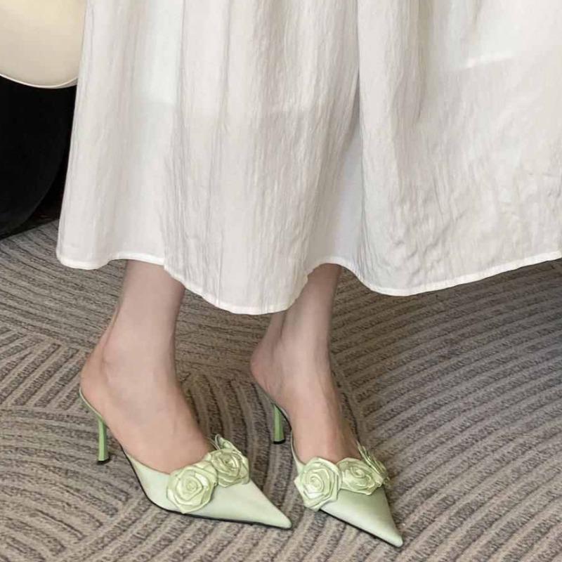 Модные остроносые шлепанцы-слипоны Женская мода Baotou с мелким вырезом Цветочный набор Стопа Противоскользящие Износостойкие Высокие каблуки