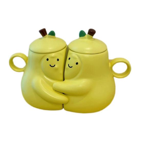 2 шт. Керамическая кружка в форме груши с крышкой, милая уникальная чашка для кофе и чая с улыбающимся лицом, объем 450 мл, кружки-обнимашки для пары, подарок на день рождения, декор для дома