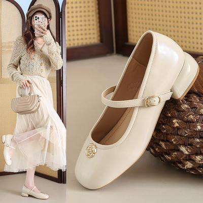 2025 новые туфли на толстом каблуке с ремешком через подъем женские весенне-летние туфли на высоком каблуке женские белые Мэри Джейн с французской камелией
