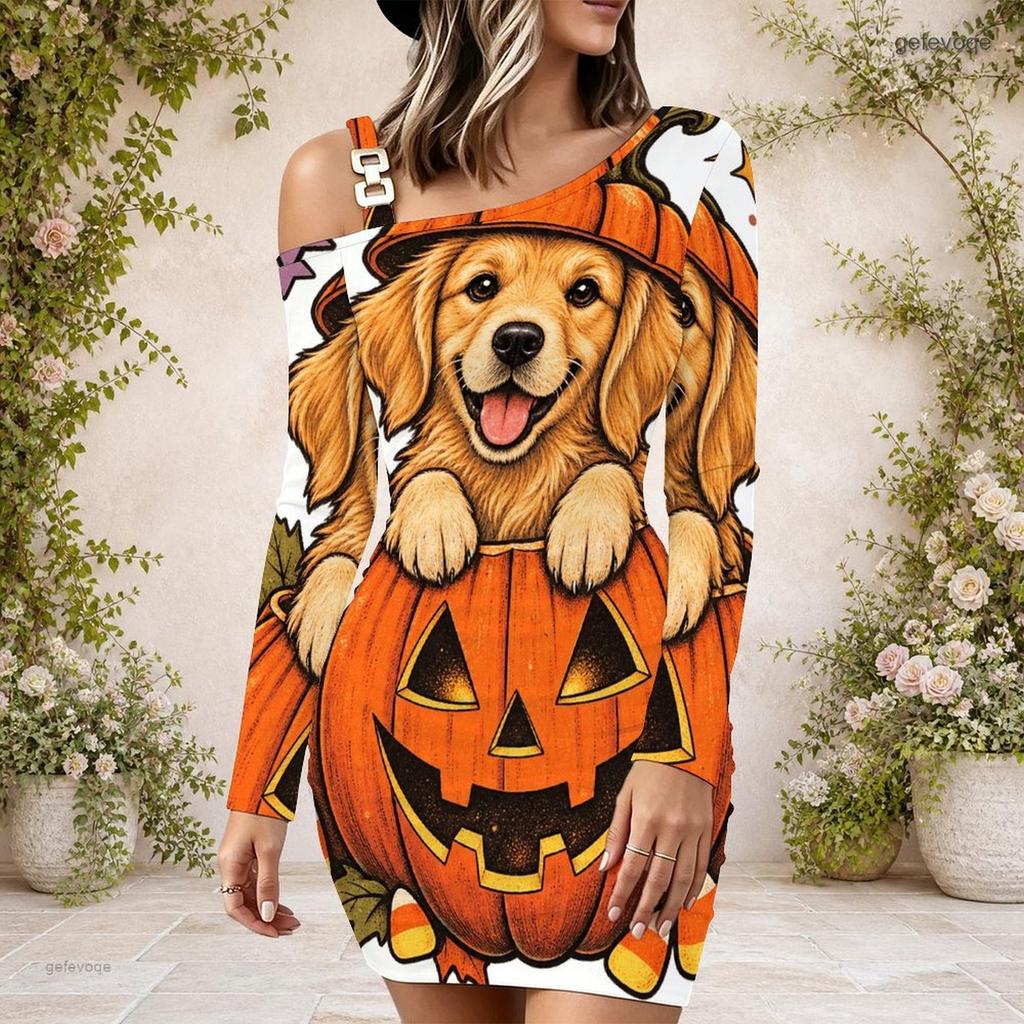 Women Plus Size One Shoulder Long Sleeve Bodycon Mini Dress Highland Cow Sunflower Pumpkin Printed