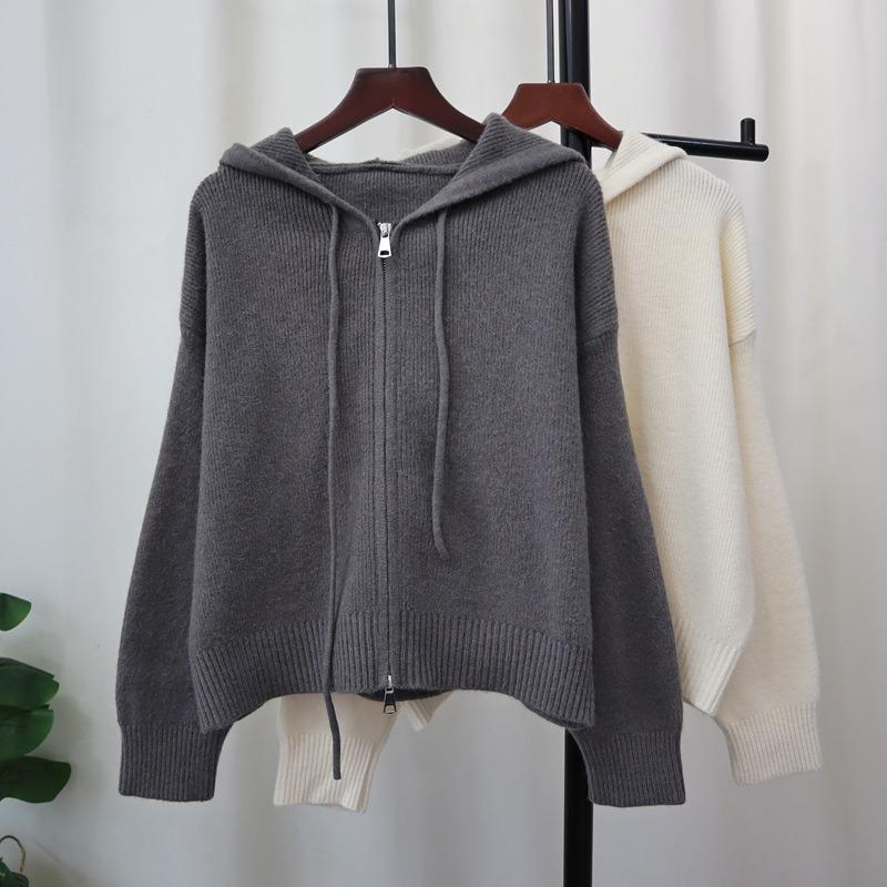 Double Zipper Hooded Knitted Cardigan Autumn and Winter New Short Design Loose Sweater Jacket Women