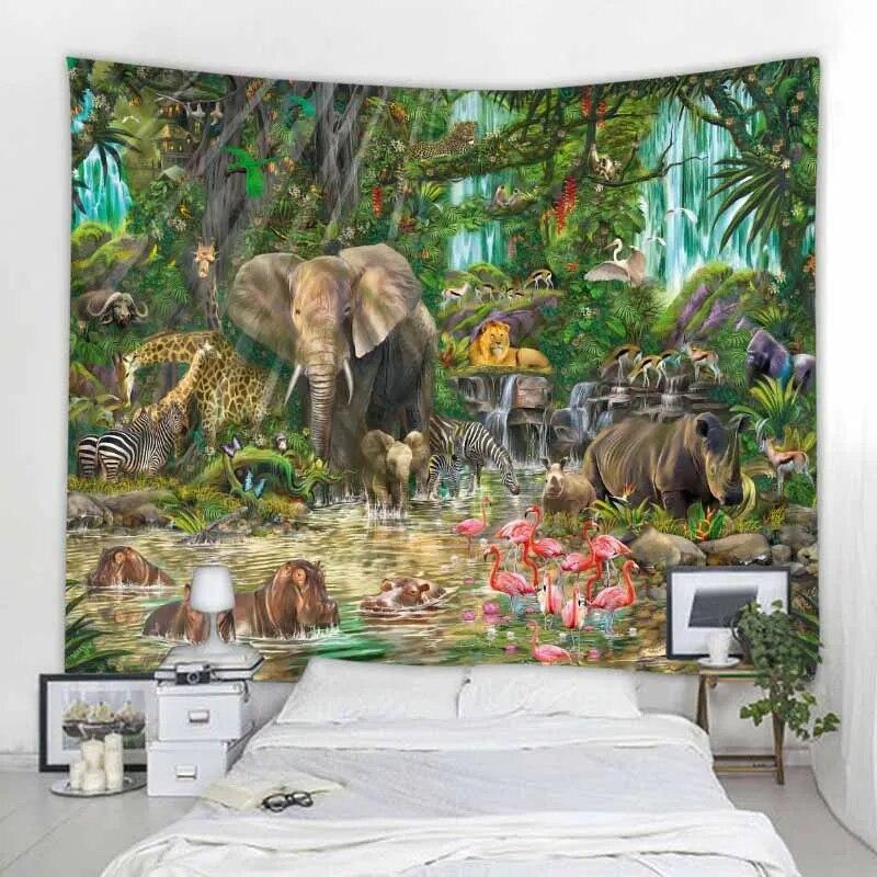 Настенный гобелен с тропическими джунглями и животными, украшение для дома, гобелен, пляжное полотенце, коврик для йоги, гобелен