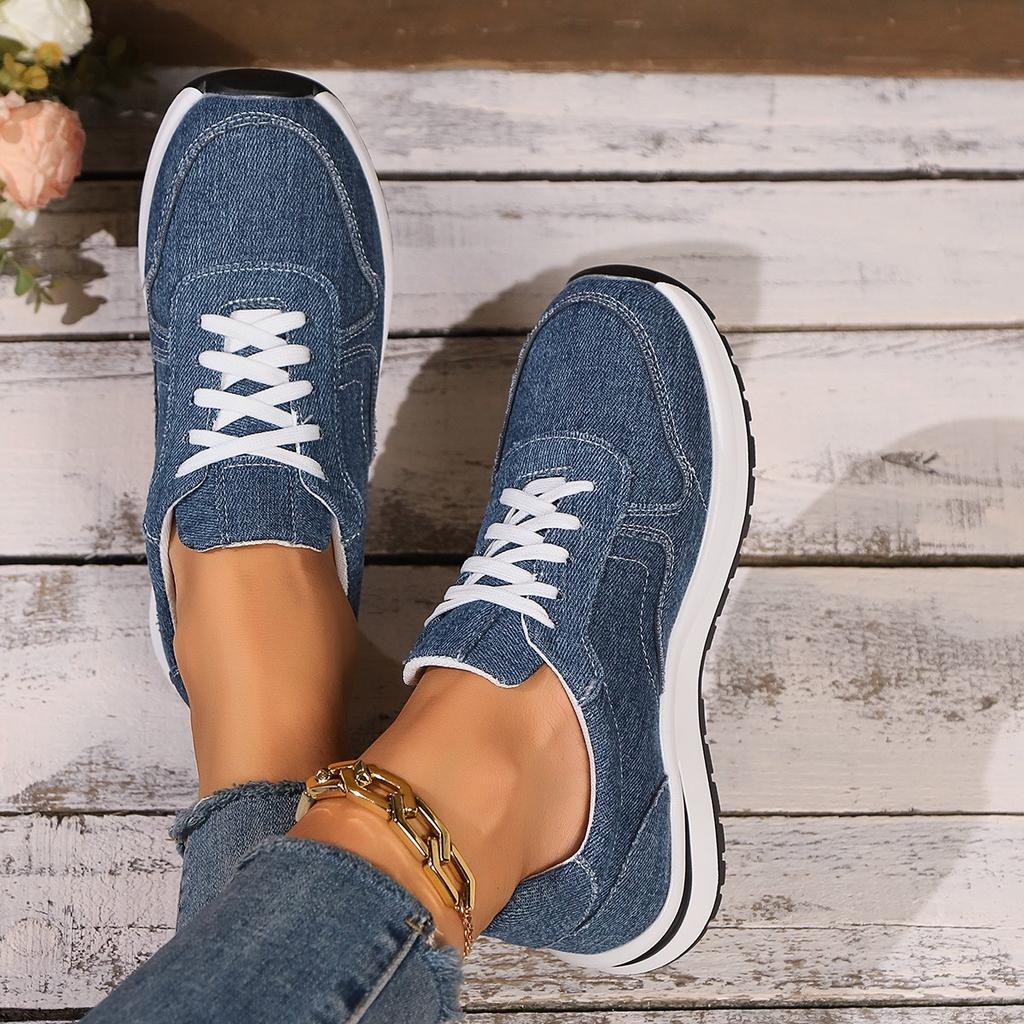 Fashion Blue Denim Platform Sneakers Women Fashion Thick Sole Lace Up Sports Shoes Woman Plus Size 43 Comfortable Casual Female Sneakers