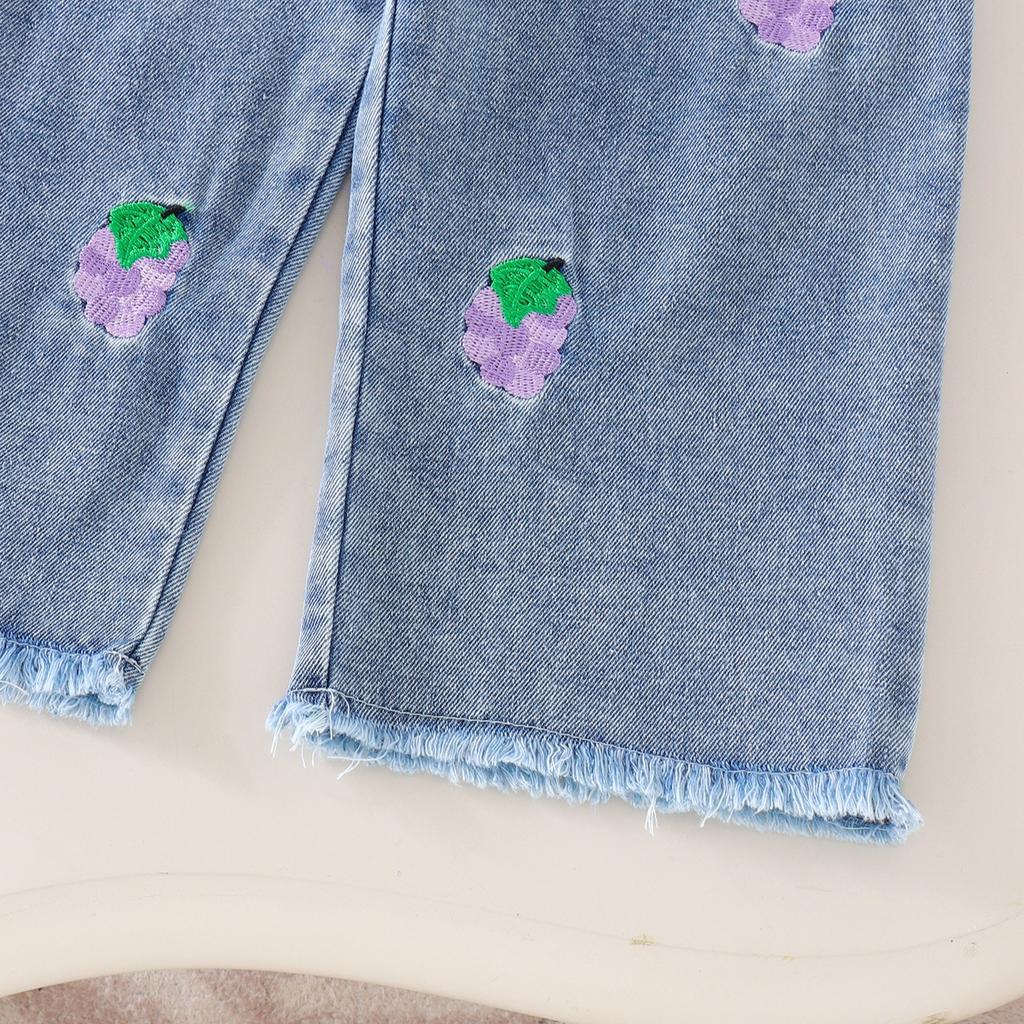 Girls' Purple Suit Summer Children's Casual Top + Grape Embroidery Jeans Set
