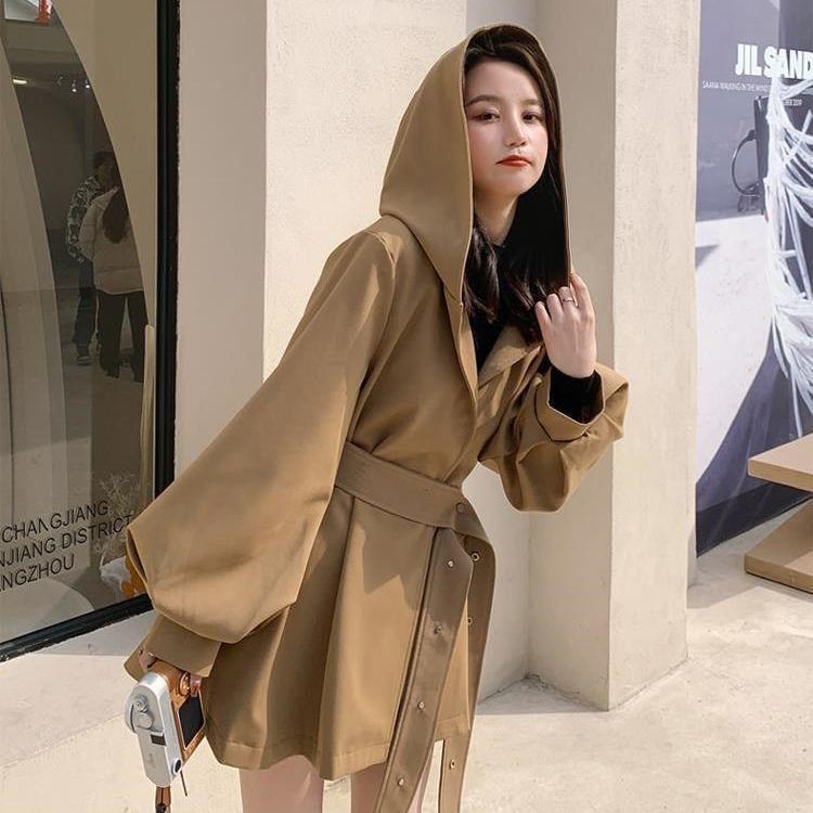 Autumn Korean Loose Trench Coat With Hooded Belt Black Woman Jackets Overcoat