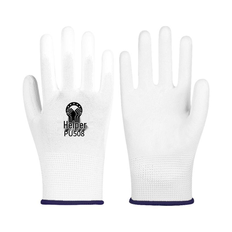 Белые перчатки с полиуретановым покрытием на ладони, антистатические, безворсовые, защита пальцев цветной полосой