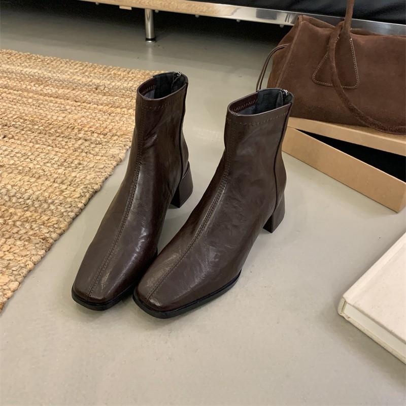 2025 Autumn and Winter New Retro Medium Boots Thick Heel Elastic Single Boots Square Head Thin Boots Women's Short Boots Genuine Leather Boots Women