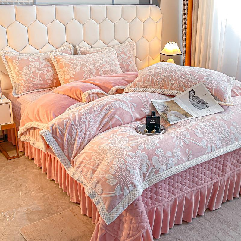 Three-dimensional Carved Bed Cover Four-piece Set of Cotton Padded Thickened Bed Three-piece Set