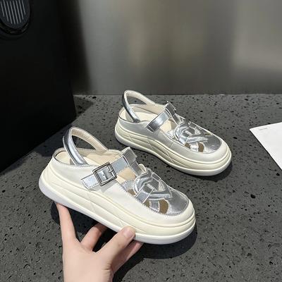 Серебряные сандалии Кожаные повседневные туфли Внутренняя обувь с высоким голенищем Летняя женская обувь