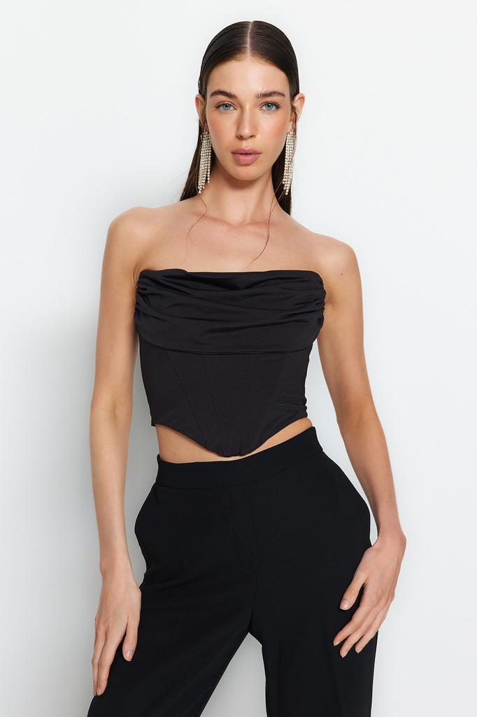 Women's Fashion New Bustier Black Crop Lined Knitted Corset Detailed Bustier