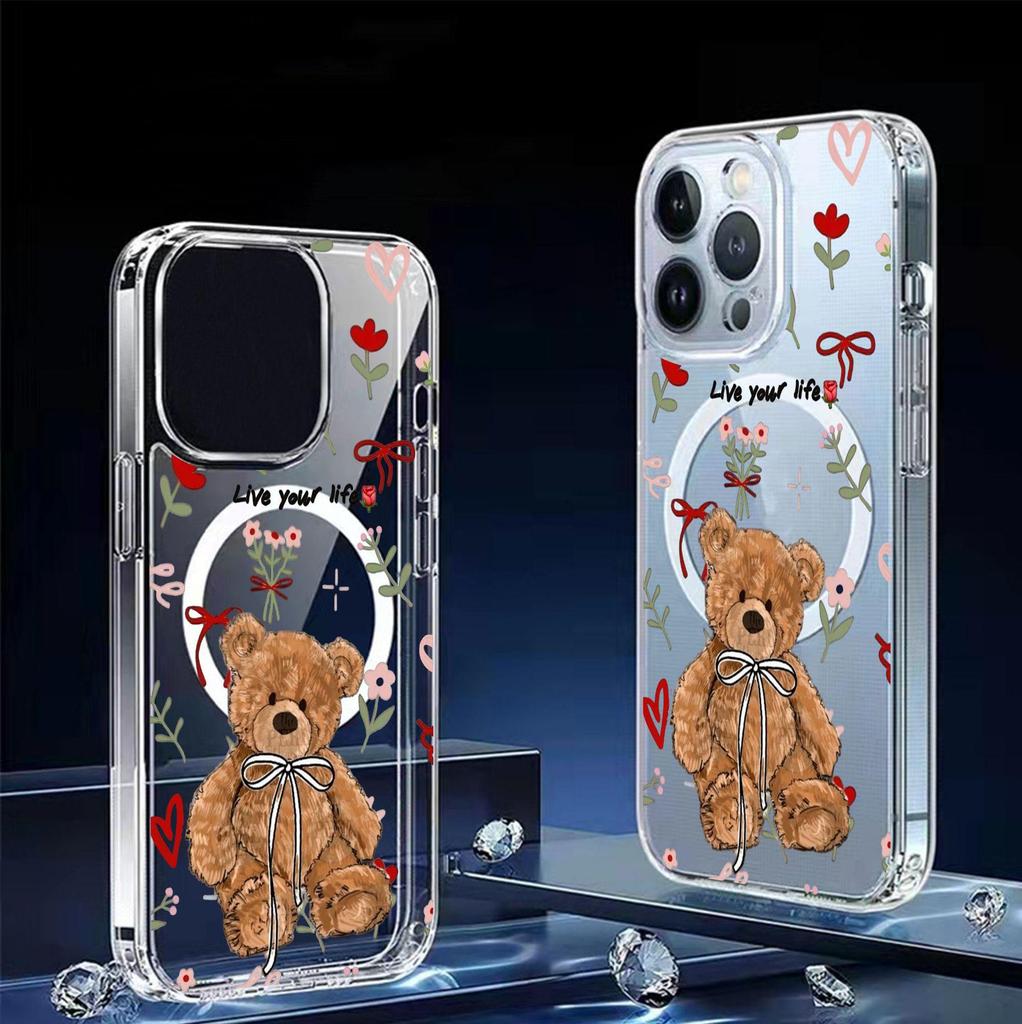 Прозрачный чехол с магнитом и цветочным мишкой для Apple iPhone 14-17 Pro Max