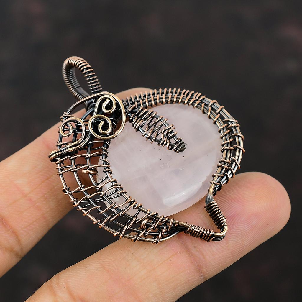 Кулон из розового кварца, обернутый медной проволокой, ручной работы, дизайнерский кулон, уникальное украшение из розового кварца, подарок для мамы