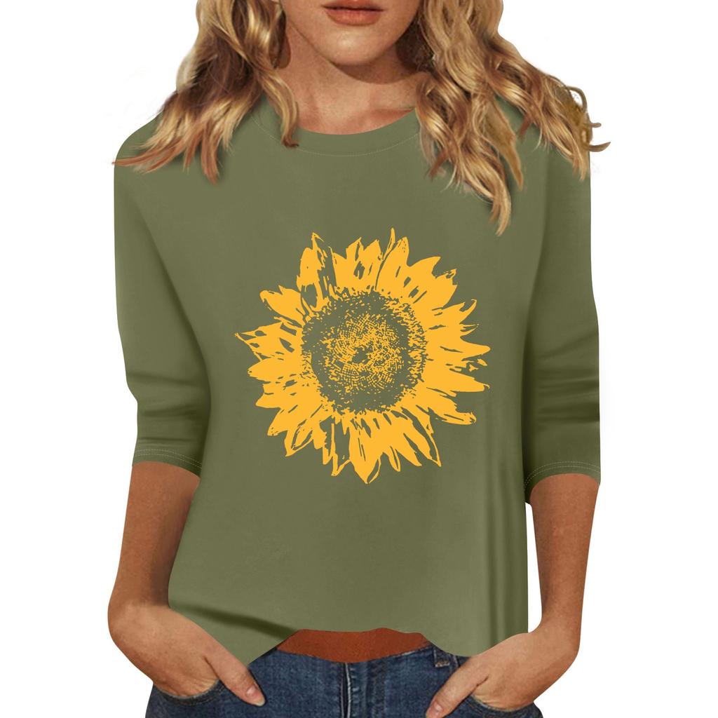 Women's Fashion Casual Printed Seven Sleeve Round Neck Top