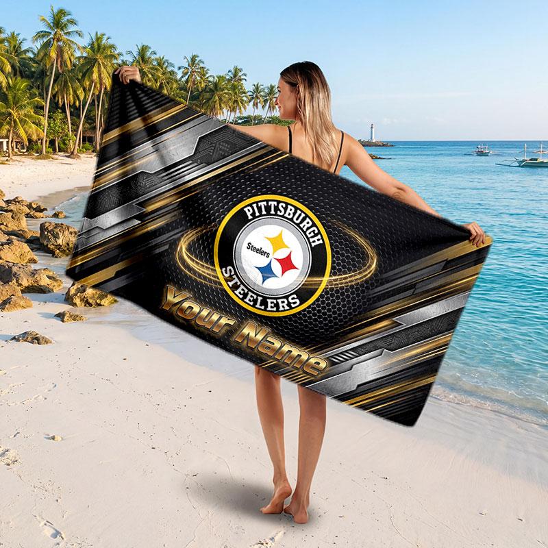 Pittsburgh Steelers Customized Name Text Beach Towel, Soft Absorbent Towel Beach Pool Travel Personal Gift