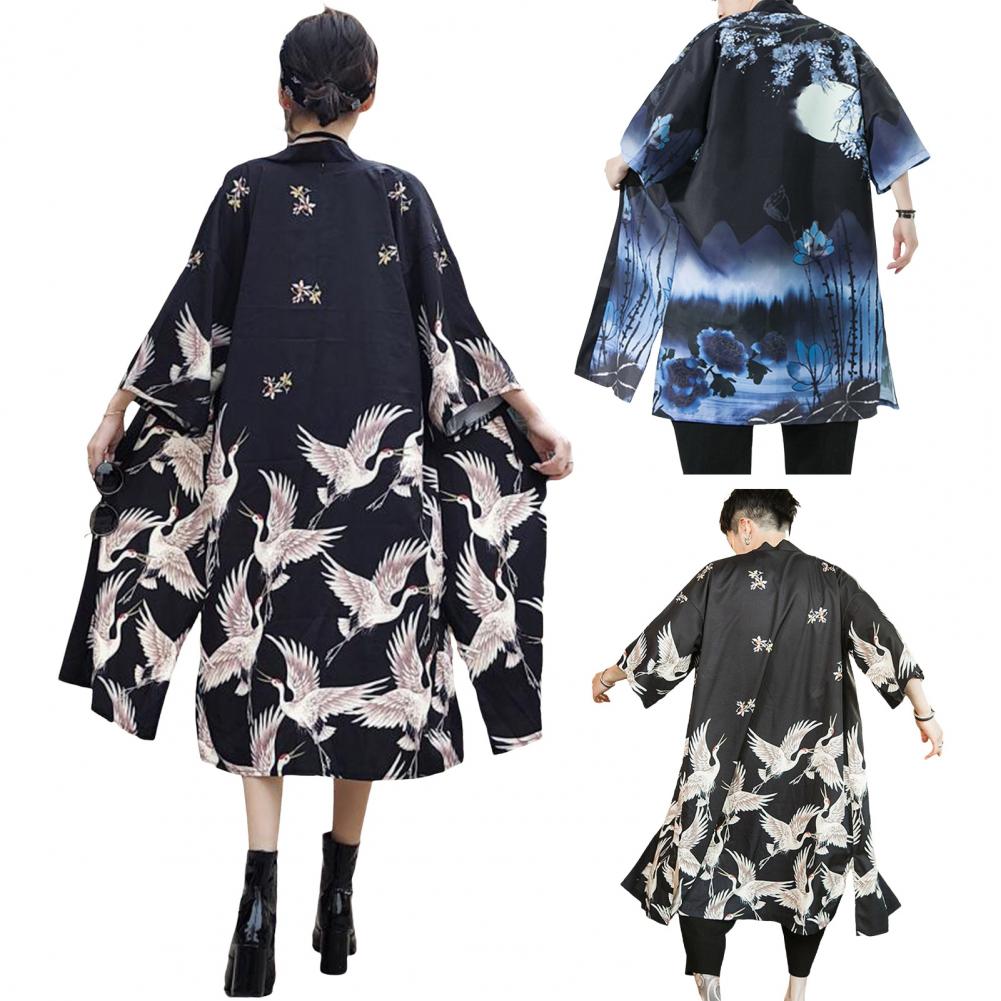 Унисекс Блузка Винтажный Стиль Японский Стиль Рукав 3/4 Удобная Посадка Кардиган С Принтом Птиц Халат С разрезами Подол Активный Путешествия Вечеринки Повседневный W