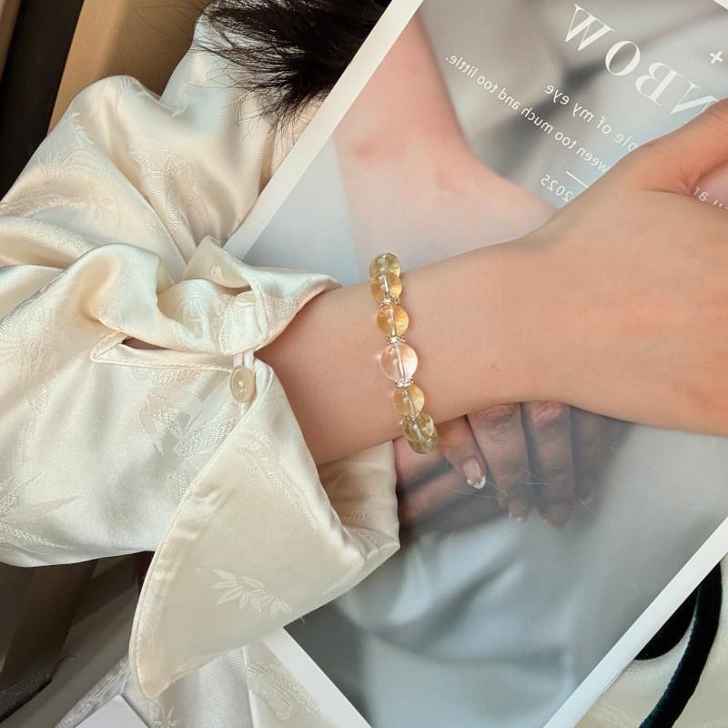 Handmade Natural Citrine Clear Quartz Beaded Bracelet Women Fresh Style Single Circle Design