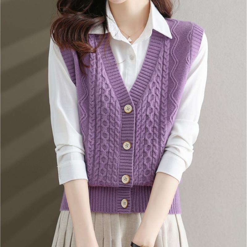 Женский шикарный трикотажный жилет из полиэстера | Жилет-свитер с V-образным вырезом и косами | Однотонный трикотаж без рукавов | Модный многослойный топ на осень/зиму